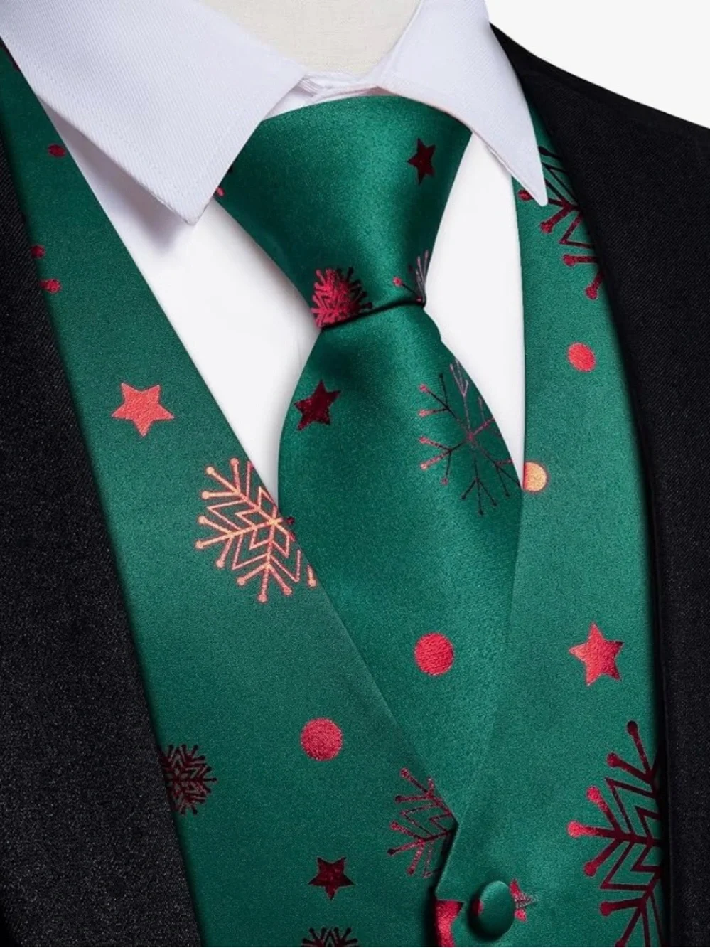 Men’s Christmas Silk Vest Green Red Snowflake XL Festive Party Tuxedo